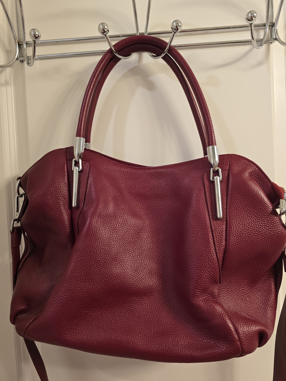 HESHE Brand Red Leather Satchel Handbag With Silver Accents Excellent Condition